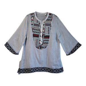 SOFT SURROUNDINGS Women XL Havana Tunic Blouse Embroidered Semi Sheer Boho 44"